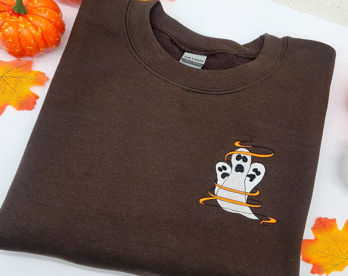 Ghost Sweatshirt Spooky Season Autumn Embroidered Sweatshirt Halloween Embroidered Sweatshirt