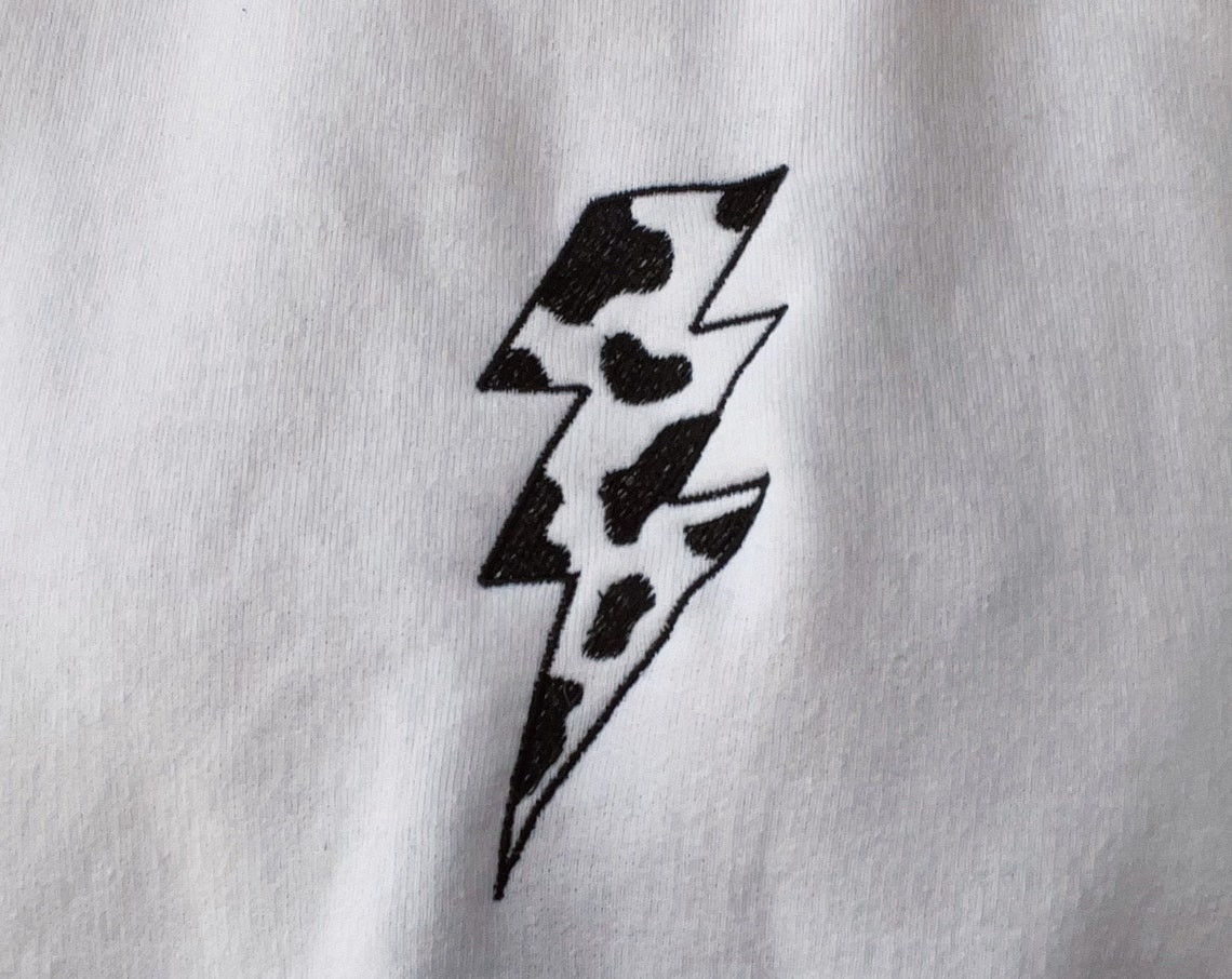 Cow Print Lightening Bolt Embroidered Crewneck Sweatshirt