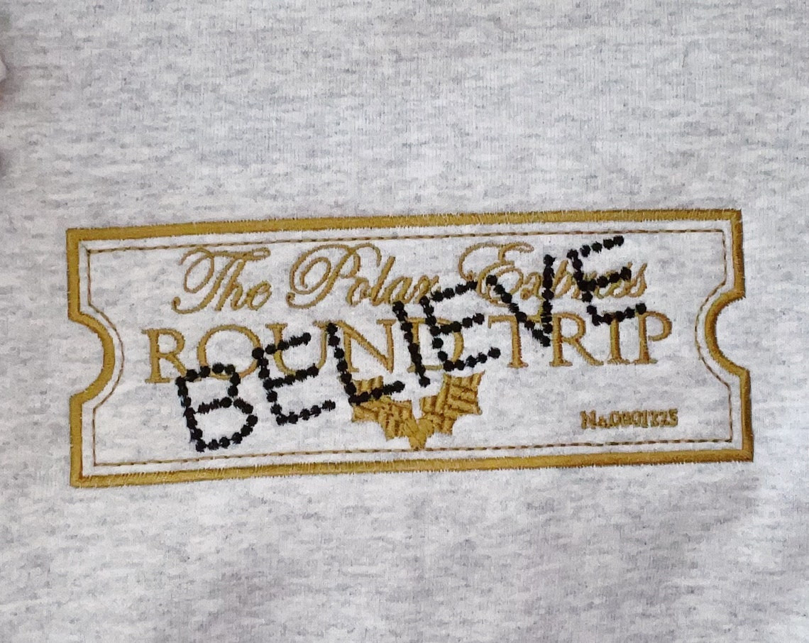 Inspired Polar Express Believe Ticket Embroidered Crewneck Sweatshirt