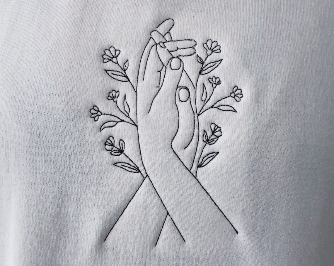 Minimalist Hands Flowers Embroidered Crewneck Sweatshirt