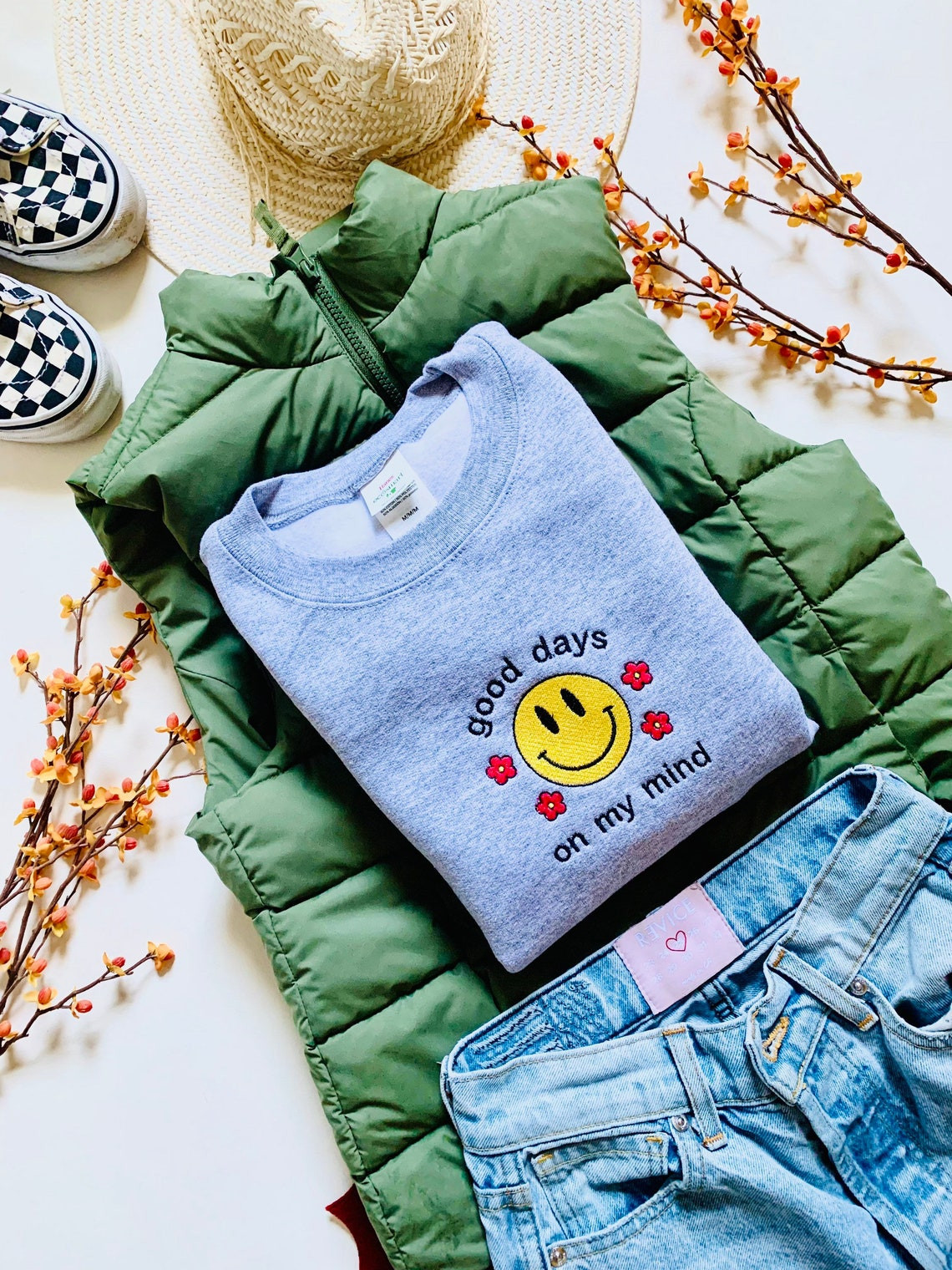 Good Days On My Mind Embroidered Crewneck Smiley Face Embroidered Crewneck Flower Embroidered