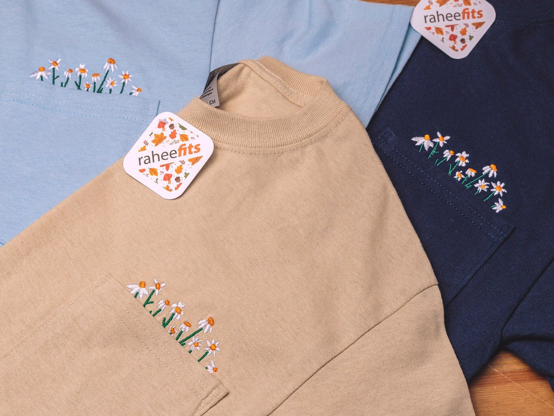 Flower Embroidery On Pocket Crewneck T Shirt