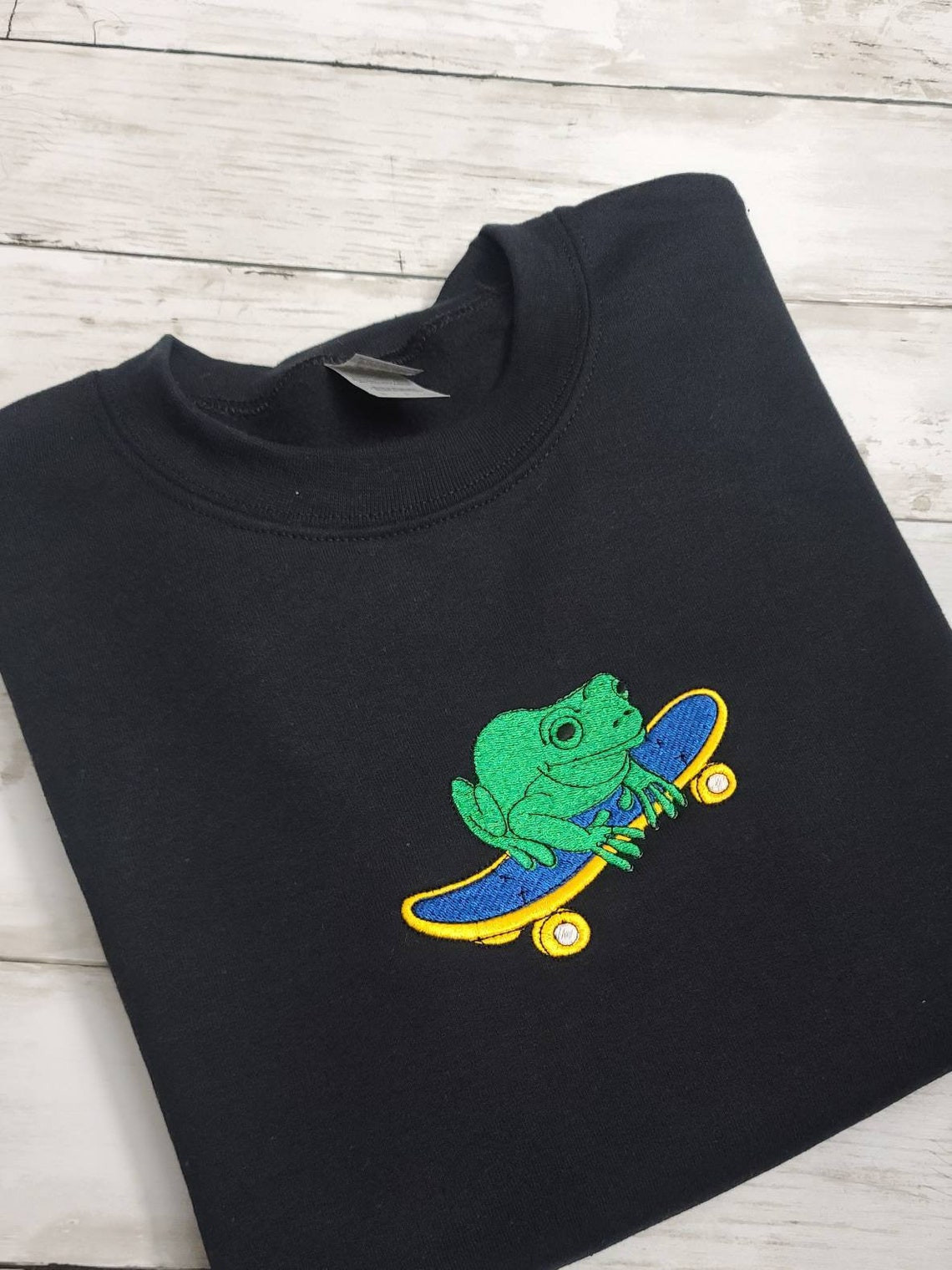 Skateboard Frog Embroidered Sweatshirt Frog On Skateboard Sweatshirt Hand Made Unisex Trendy