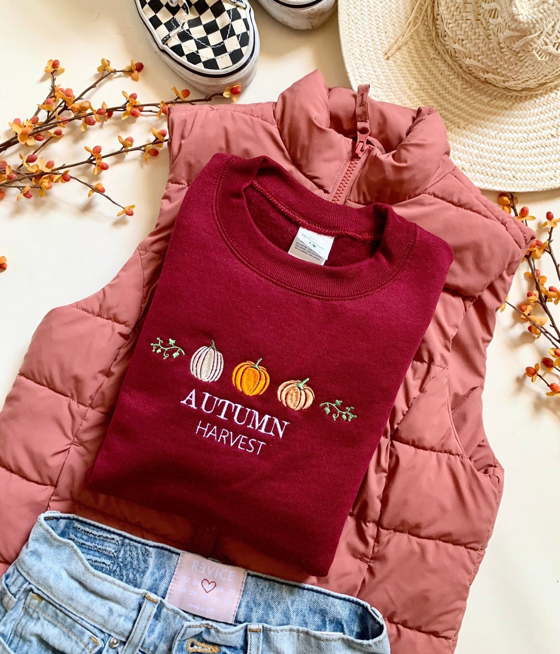 Vintage Style Autumn Harvest Embroidered Crewneck