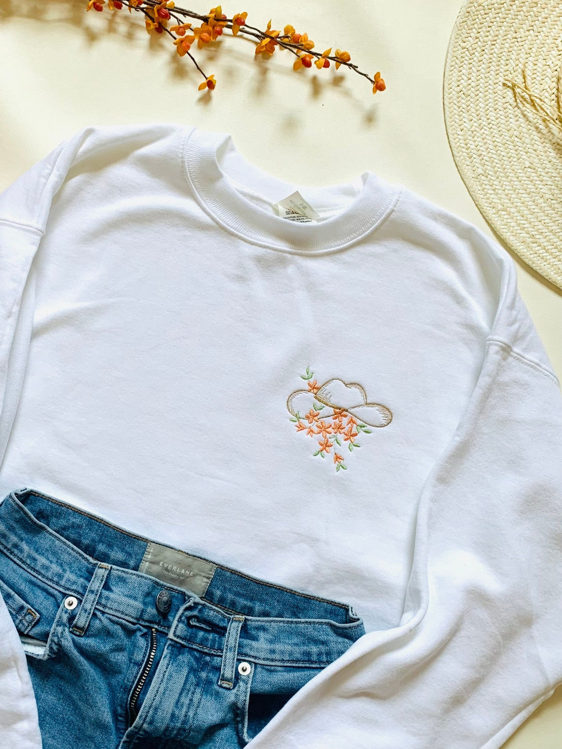 Cowboy Hat And Flowers Embroidered Crewneck Sweatshirt Cowgirl Sweatshirt Gift For Horse Lovers Farm Style Cottage Core