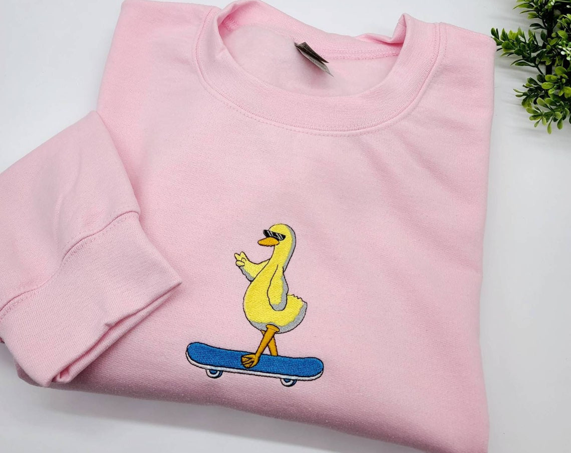 Cute Duck On Skateboard Sweatshirt Cute Trendy Embroidered Tshirt Sweatshirt