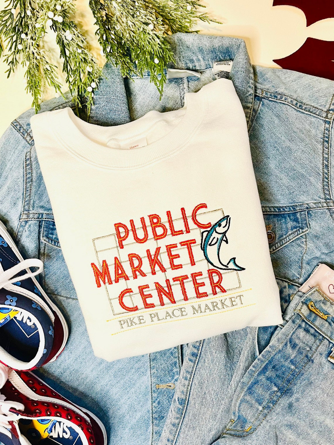 Pike Place Market Center Embroidered Crewneck Seattle Crewneck Farmers Market Sweatshirt Seattle Gifts Pnw Crewneck