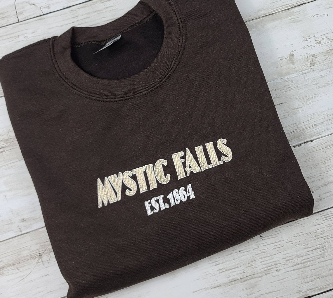 Mystic Falls Embroidered Sweatshirt Crewneck Dark Brown Embroidered Mystic Falls Sweatshirt