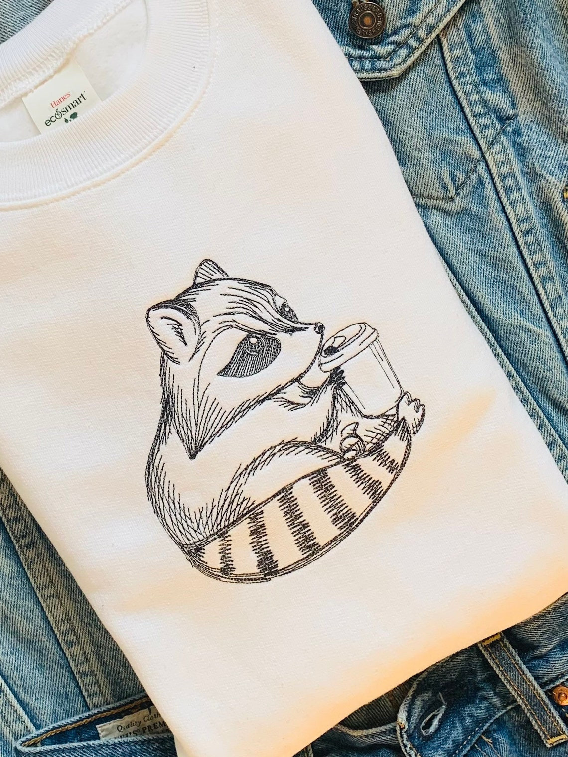 Coffee Sippin Raccoon Embroidered Crewneck Coffee Crewneck Gifts For Coffee Lovers Coffee Sweatshirts Raccoon Crewneck