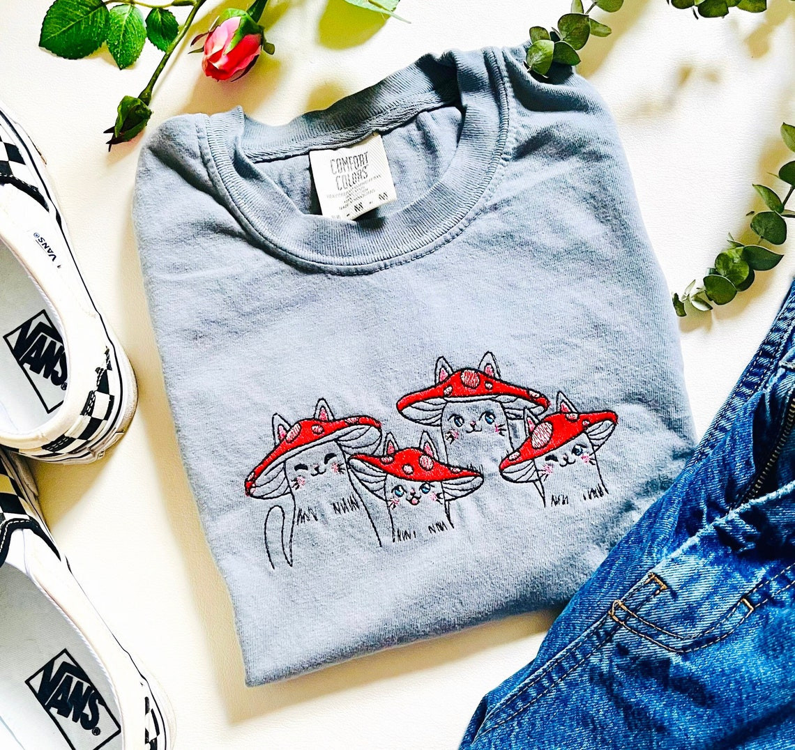 Mushroom Cat Embroidered Tee Mushroom Cat Crewneck T-Shirt Cotton Tee Embroidered T-Shirt Cat Gifts