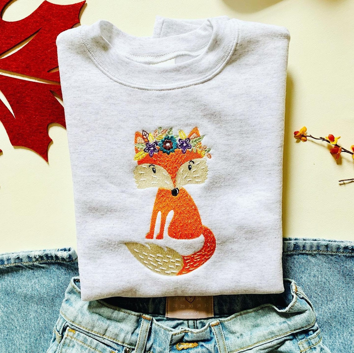 Fox Floral Crown Embroidered Crewneck