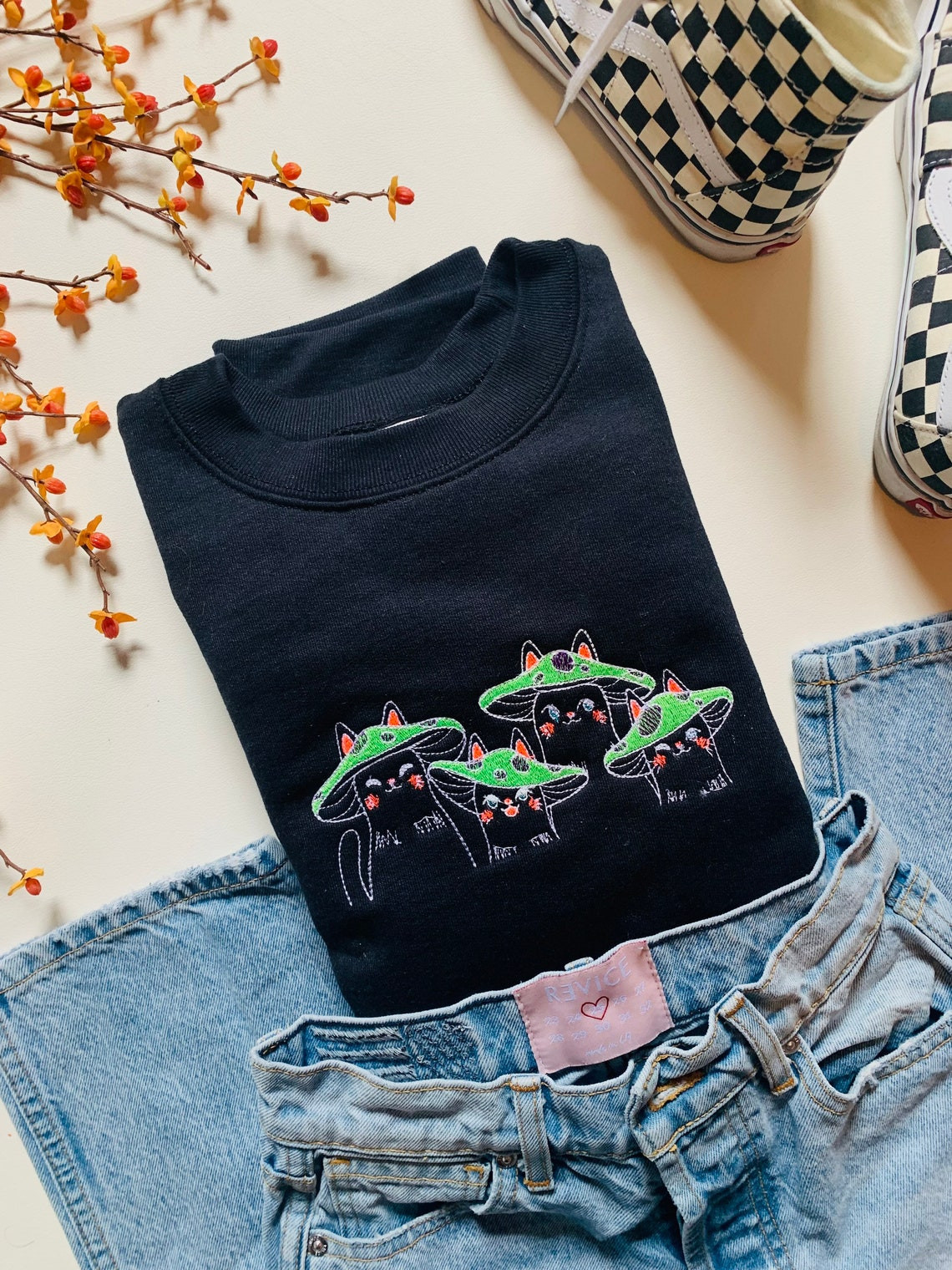 Embroidered Neon Mushroom Cat Crewneck Mushroom Cat Crewneck For Cat Lovers Psychedelic Sweatshirts