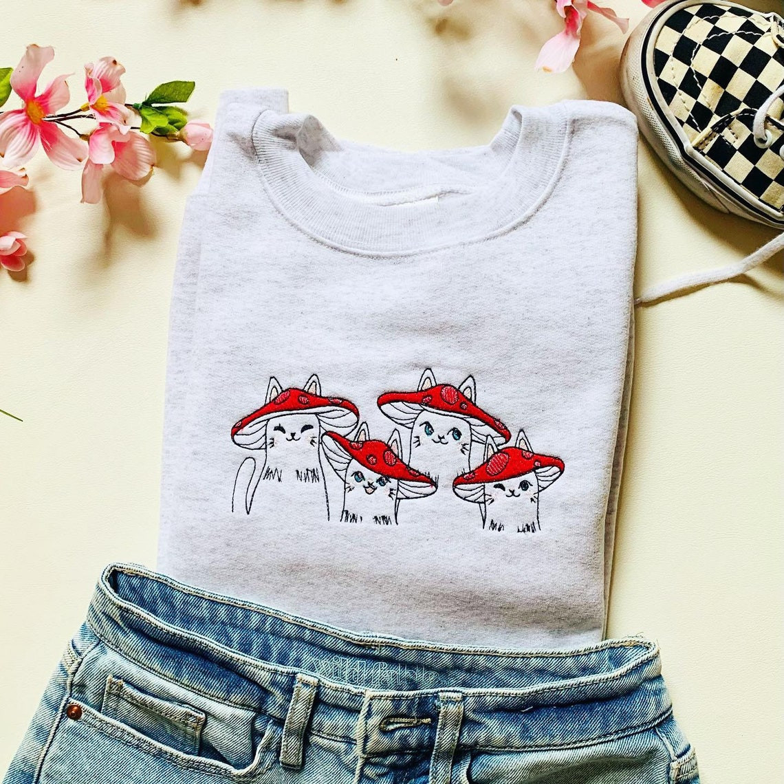 Mushroom Cats Embroidered Crewneck Sweatshirt Gift For Cat Lovers Mushroom Sweatshirt Cat Crewneck