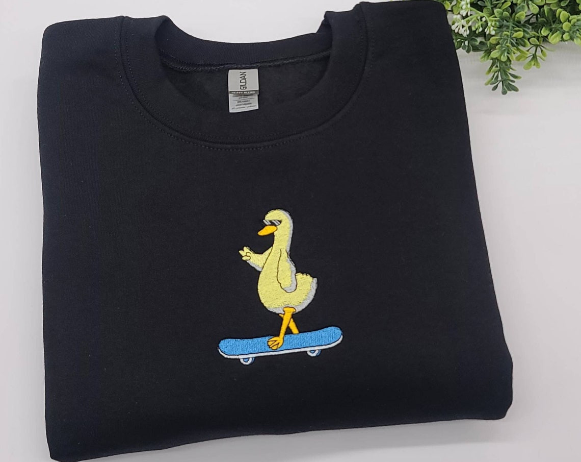 Duck On Skateboard Sweatshirt Cute Trendy Embroidered Tshirt Sweatshirt