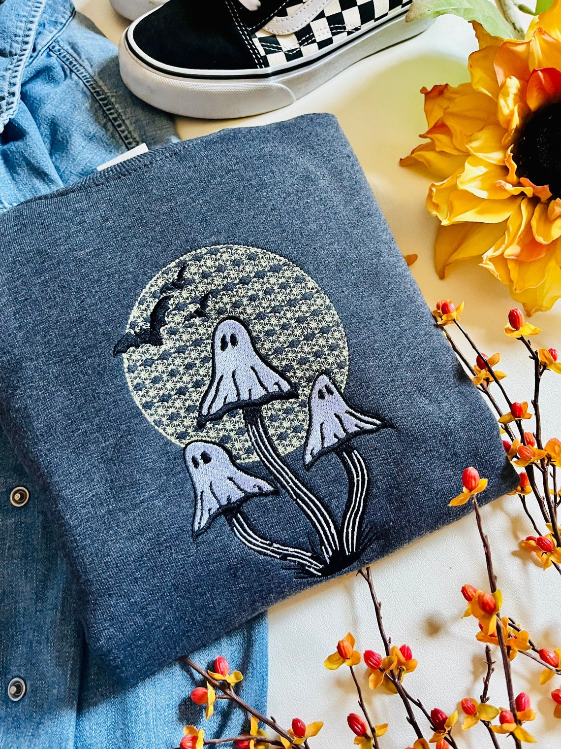 Ghost Mushroom Embroidered Crewneck Ghost Crewneck Halloween Sweatshirt Mushroom Sweatshirt Mushroom Gifts