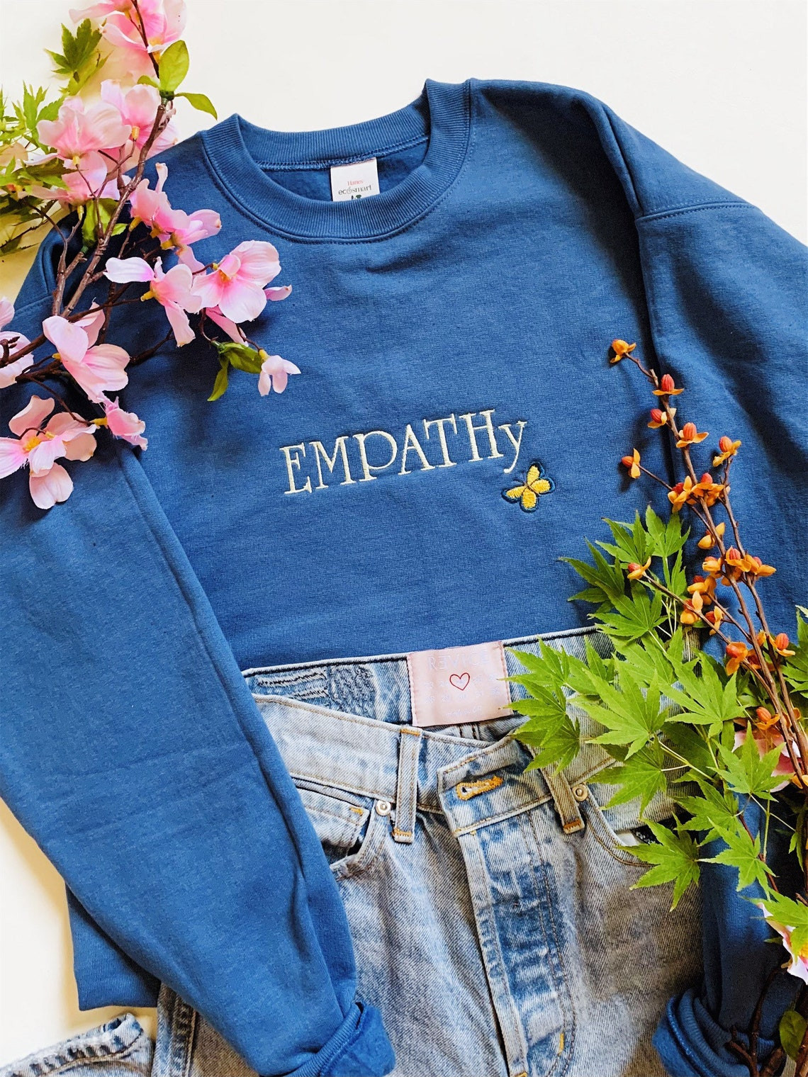 Empathy With Butterfly Embroidered Blue Sweatshirt Butterfly Sweatshirt Embroidery Gift For Butterfly Lovers Empathy Crewneck