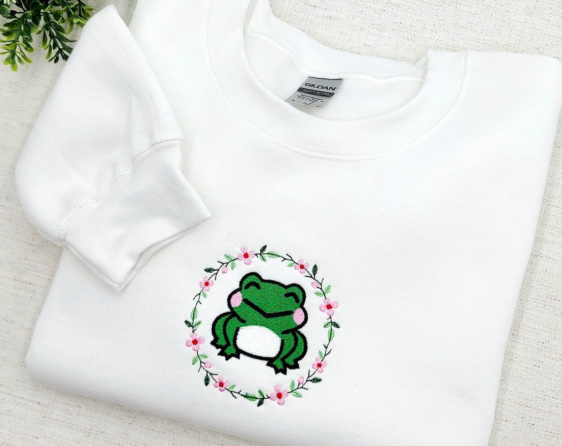 Cute Frog Embroidered Sweatshirt Frogs Lovers Gift Sweatshirt Cute Trendy Frog Sweatshirt Frog On Sweatshirt Embroidered