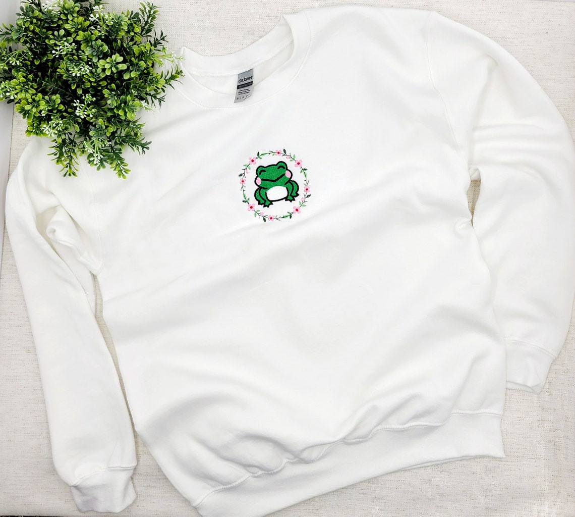 Cute Frog Embroidered Sweatshirt Frogs Lovers Gift Sweatshirt Cute Trendy Frog Sweatshirt Frog On Sweatshirt Embroidered