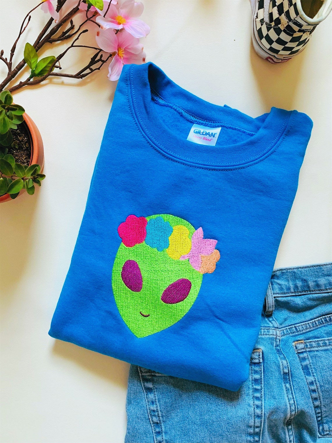 Floral Alien Embroidered Crewneck Sweatshirt