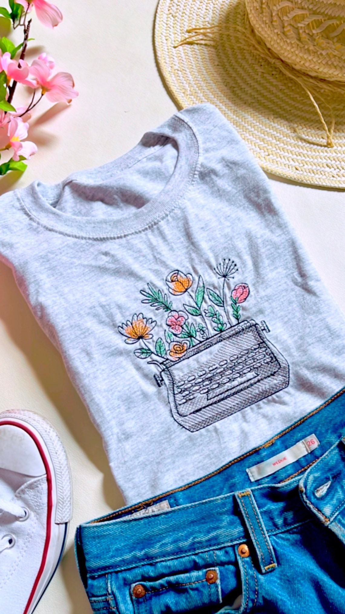 Blooming Typewriter Embroidered Crewneck T- Shirt Flower Tee Nature T-Shirts Crewneck Tee Embroidered T -Shirt