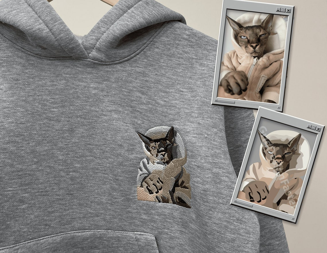 Embroidered Cat Pet Hoodie Embroidery Dog Animal Portrait By Photo Crewneck Sweatshirt Clothes Item Custom Gift For Pet Owner Lover