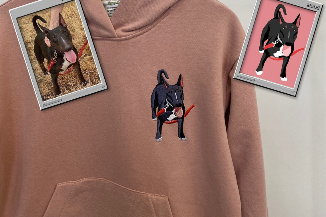 Embroidered Pet Bull Terrier Dog Hoodie Embroidery Cat Portrait By Photo Crewneck Sweatshirt Clothes Item Custom Gift