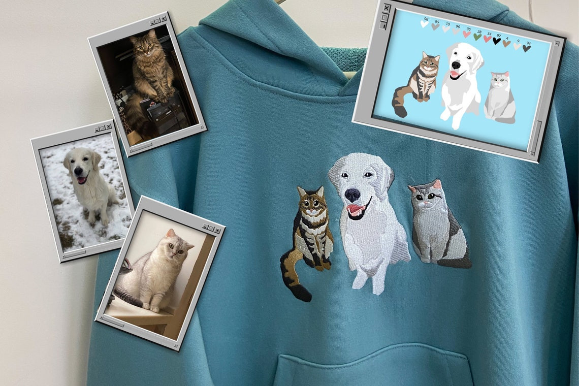 Embroidered By Cat Dog Family Photo Hoodie Embroidery Portrait Paw Friends Animal Photography Crewneck Sweatshirt Clothes Item Custom Gift