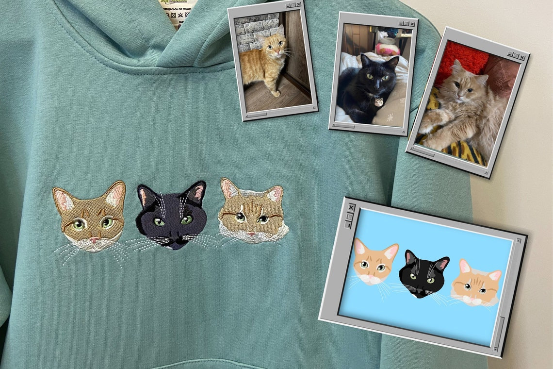 Embroidered By Cat Dog Family Photo Hoodie Embroidery Portrait Paw Friends Animal Photography Crewneck Sweatshirt Clothes Item Custom Gift