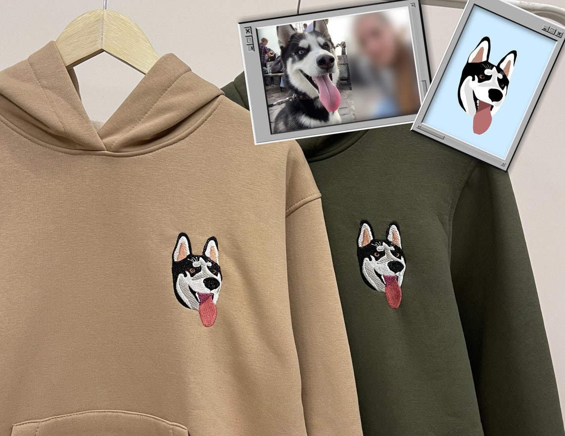 Embroidered Husky Pet Dog Hoodie Embroidery Cat Portrait By Photo Crewneck Sweatshirt Clothes Item Custom Gift