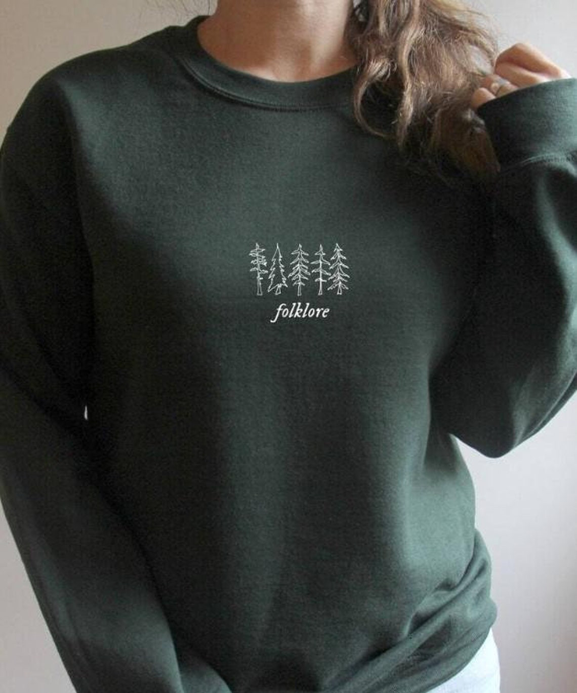 Folklore Vintage Embroidered Sweatshirt Evergreen Trees Pine Trees Nature Lover Sweatshirt Hiking Camping Sweatshirt Forest Green