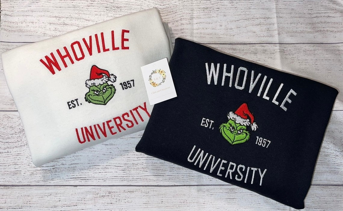 Whoville University Grinch Face Embroidery Crewneck Christmas Custom Crew