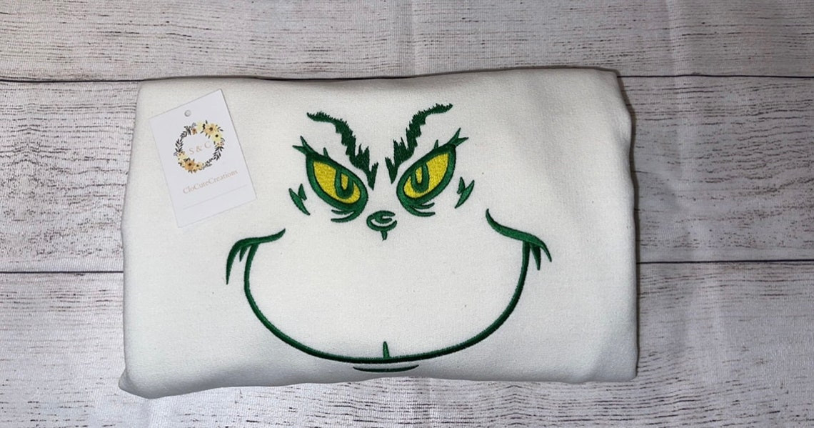 Grinch Face Embroidery Crewneck Custom Christmas Crew