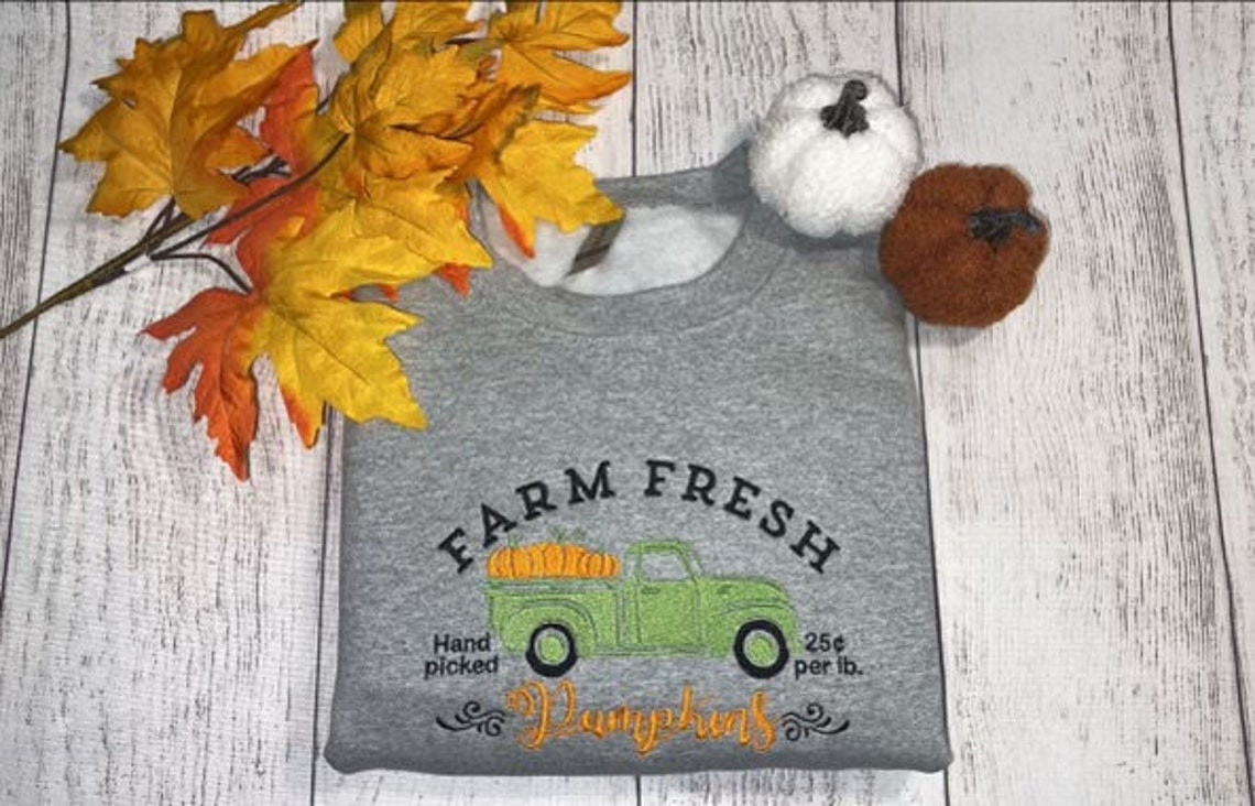 Custom Embroidery Farm Fresh Pumpkins Crewneck Fall Embroidery Cozy Crew