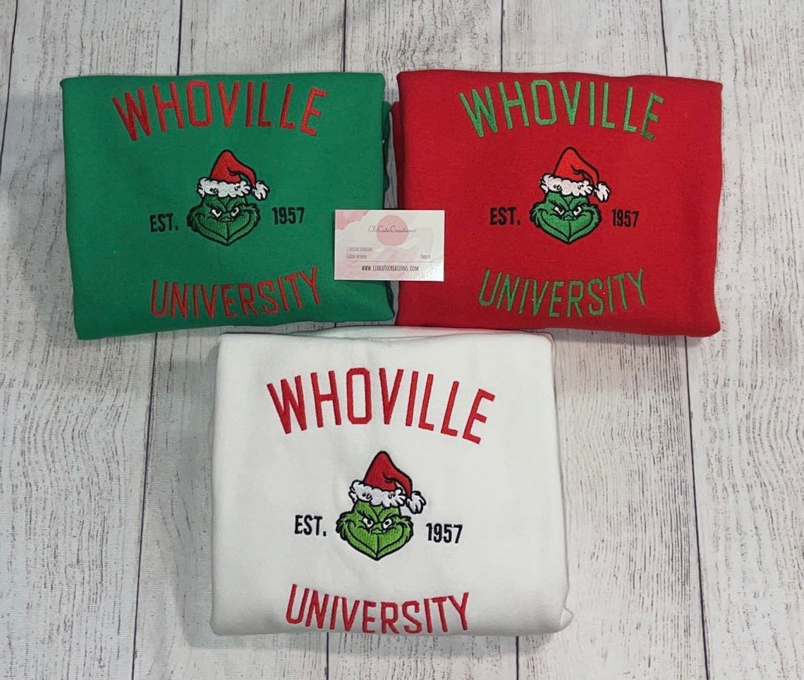 Whoville University Grinch Face Embroidery Crewneck Christmas Custom Crew