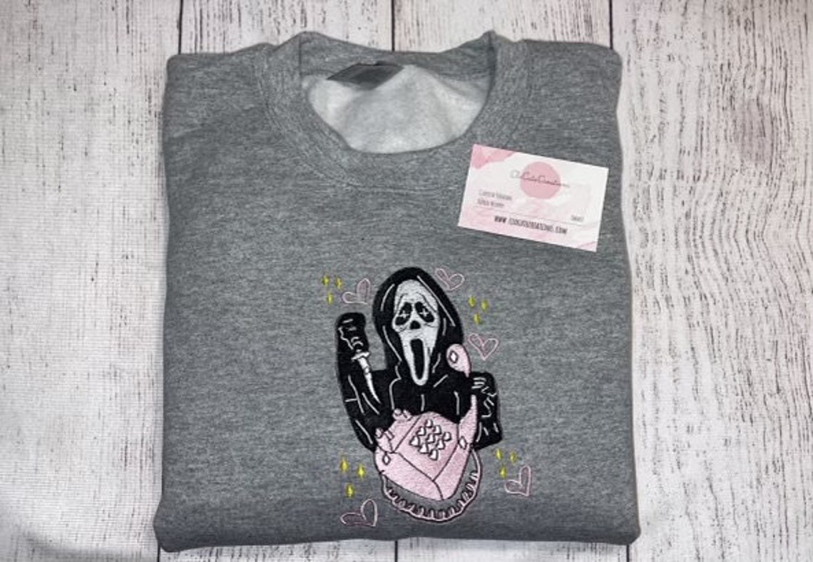 Custom Embroidery Ghost Face Phone Crew Halloween Embroidery Crewneck