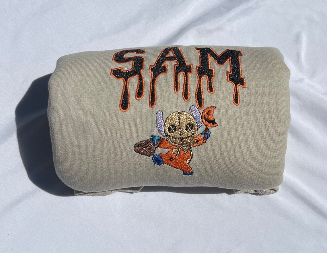 Stitch x Sam Pumpkin Halloween Drip Vintage Embroidery Crewneck Sweatshirt