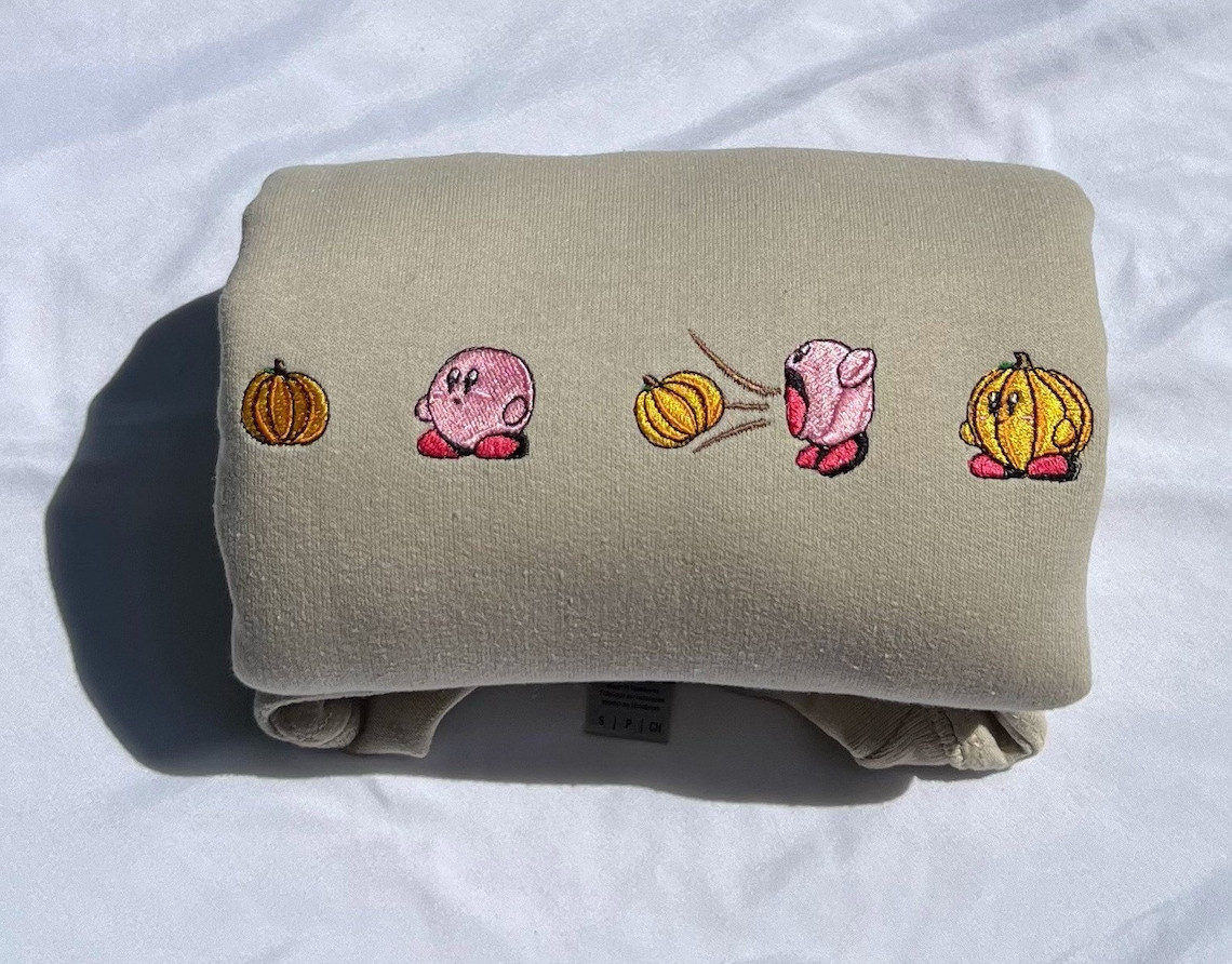 Kirby Halloween Pumpkin Anime Animation Vintage Embroidery Crewneck Sweatshirt Embroidered