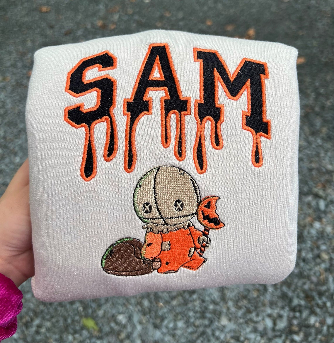 Sam Halloween Pumpkin Drip Vintage Embroidery Crewneck Sweatshirt