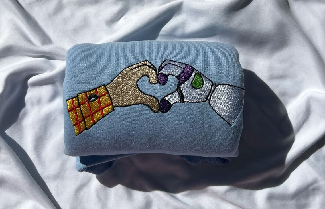 Toy Story Buzz Lightyear and Woody Hand Heart Vintage Embroidery Crewneck Sweatshirt Embroidered