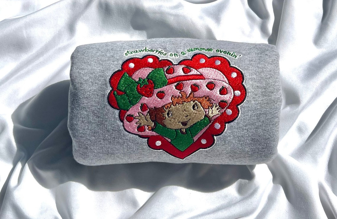 Strawberries on a Summer Evenin Animation Vintage Embroidery Crewneck Sweatshirt Embroidered