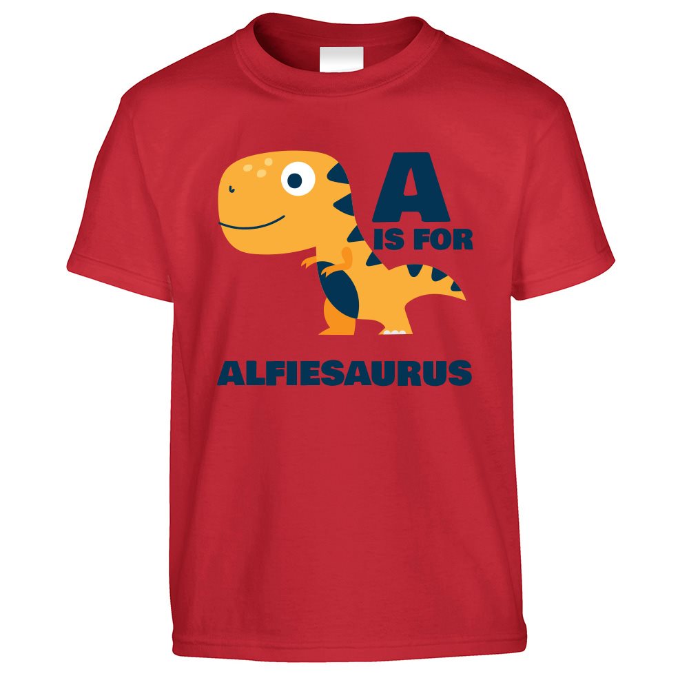A is for Alfie-saurus Dinosaur Kids T Shirt