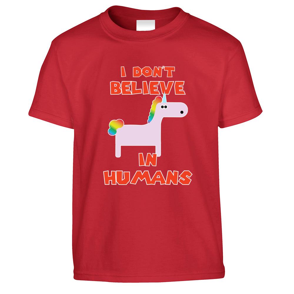 Novelty Unicorn Kids T Shirt I Don't Believe In Humans Childs