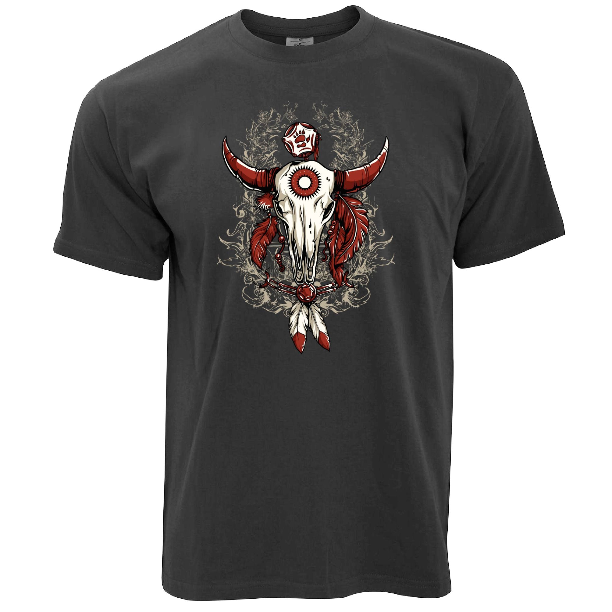 Native American Art T Shirt Bull Skull and Feathers