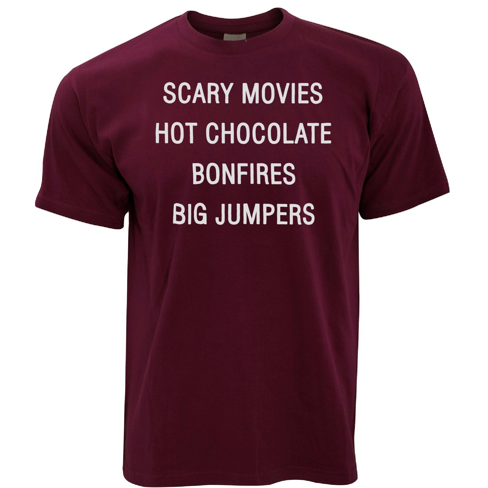 Mens Autumn T Shirt Scary Movies, Hot Chocolate, Bonfires Tee