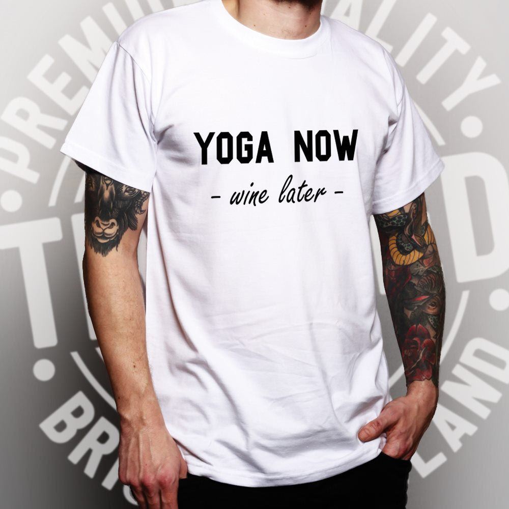 Novelty Gym T Shirt Yoga Now, Wine Later Joke Slogan