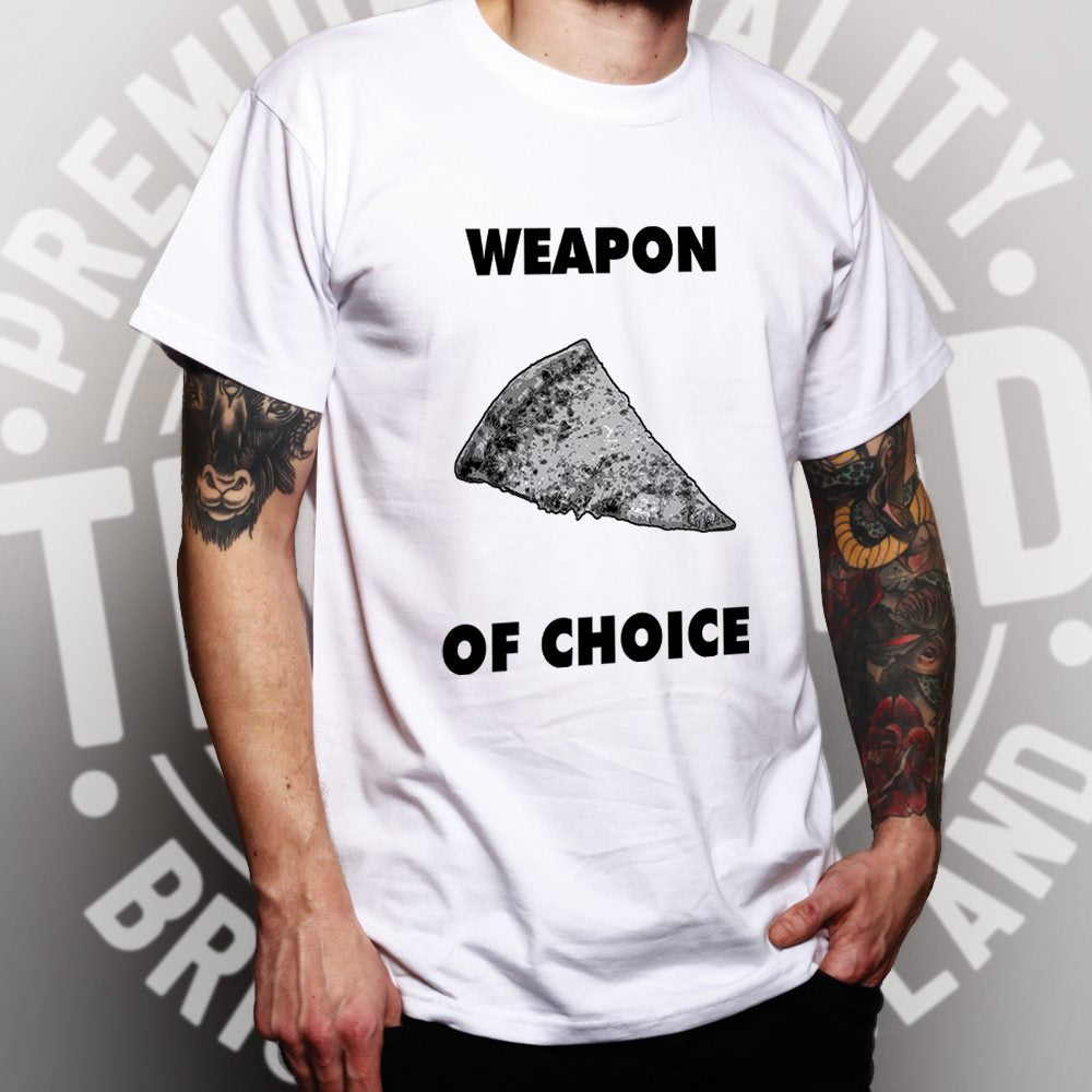 Novelty Food T Shirt Weapon of Choice Pizza Slice