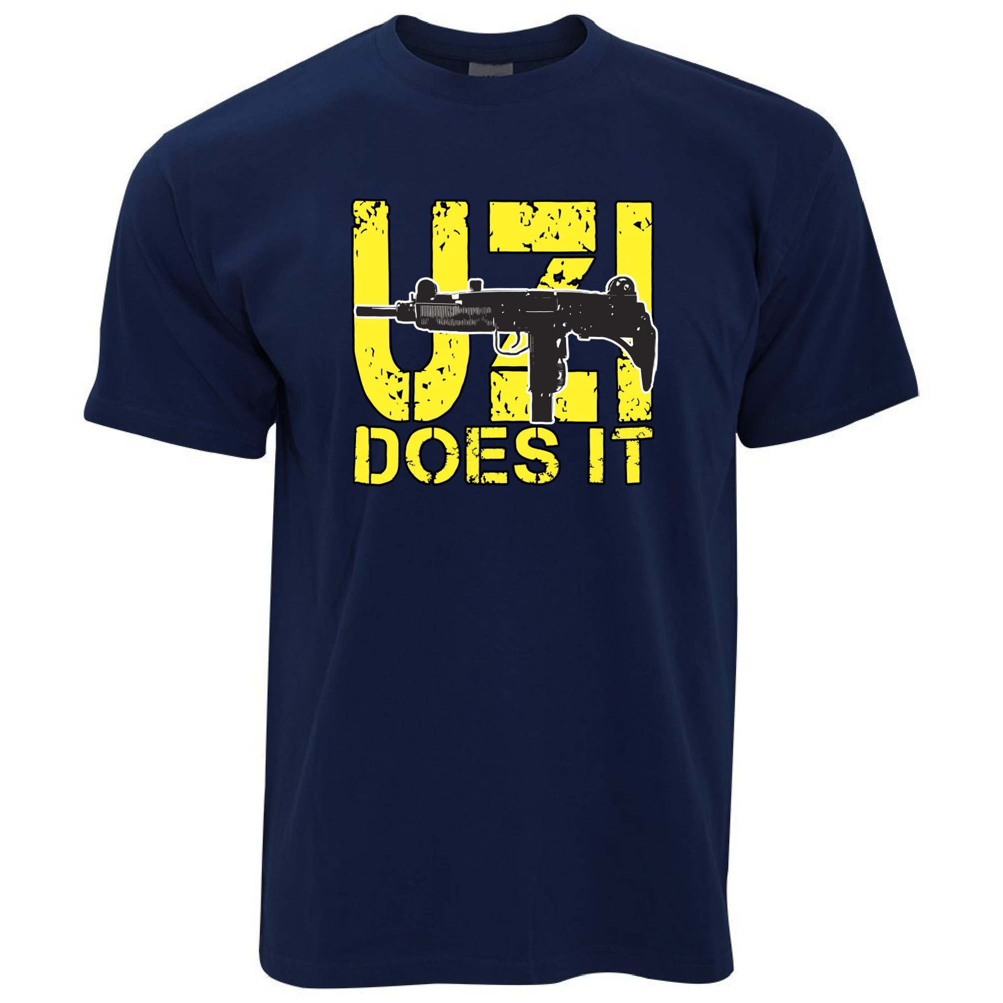 Novelty Shooting T Shirt Uzi Does It Slogan