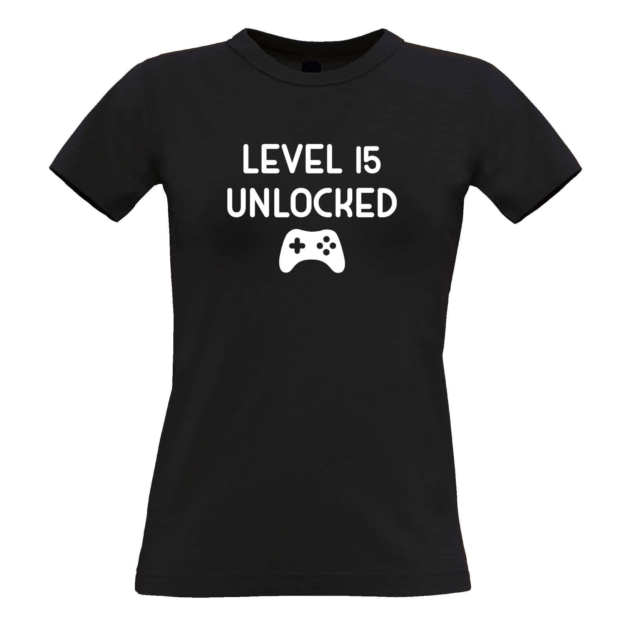 15th Birthday Gamer Womens T Shirt Level 15 Unlocked Slogan