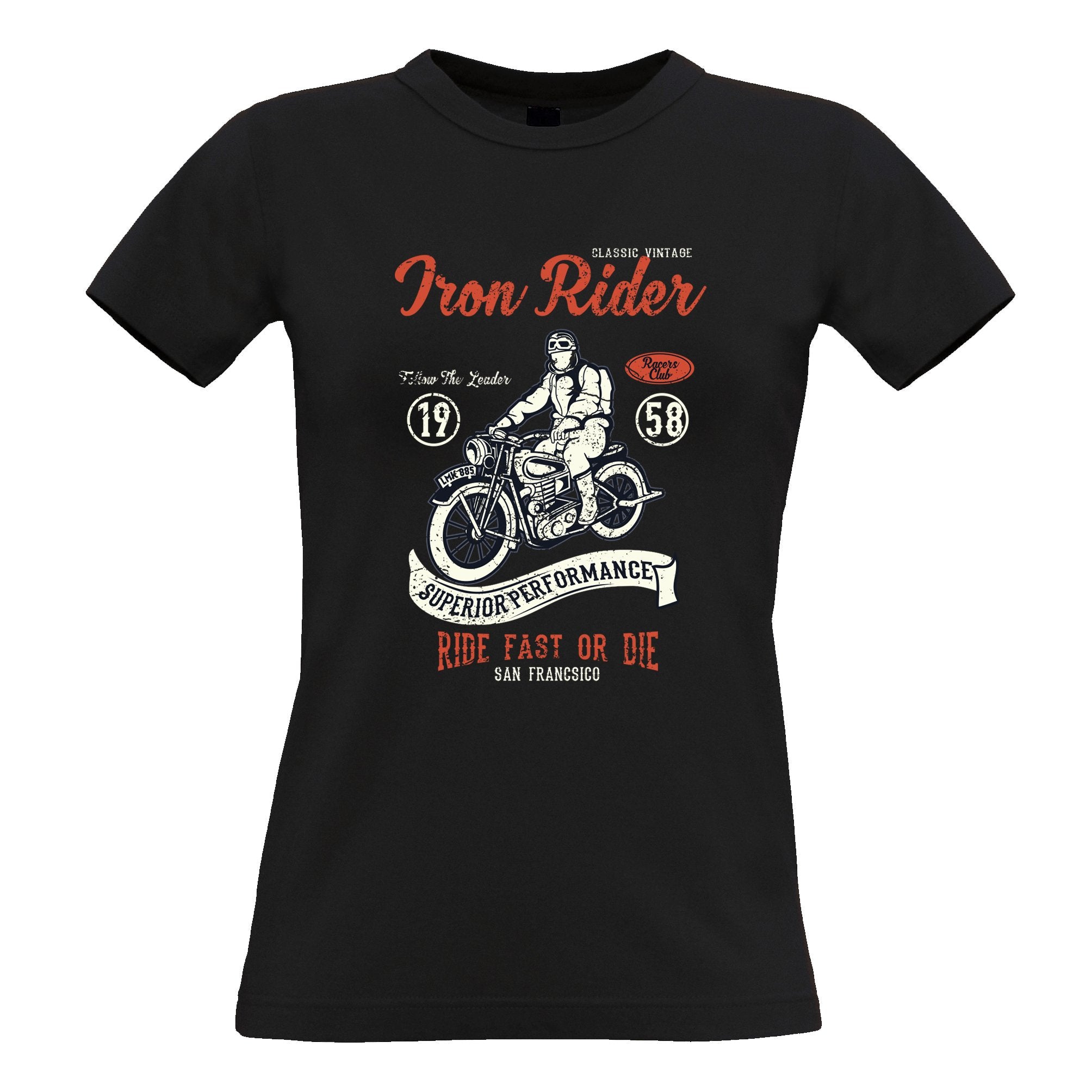 Retro Biker Womens T Shirt Iron Rider, Ride Fast Or Die Art