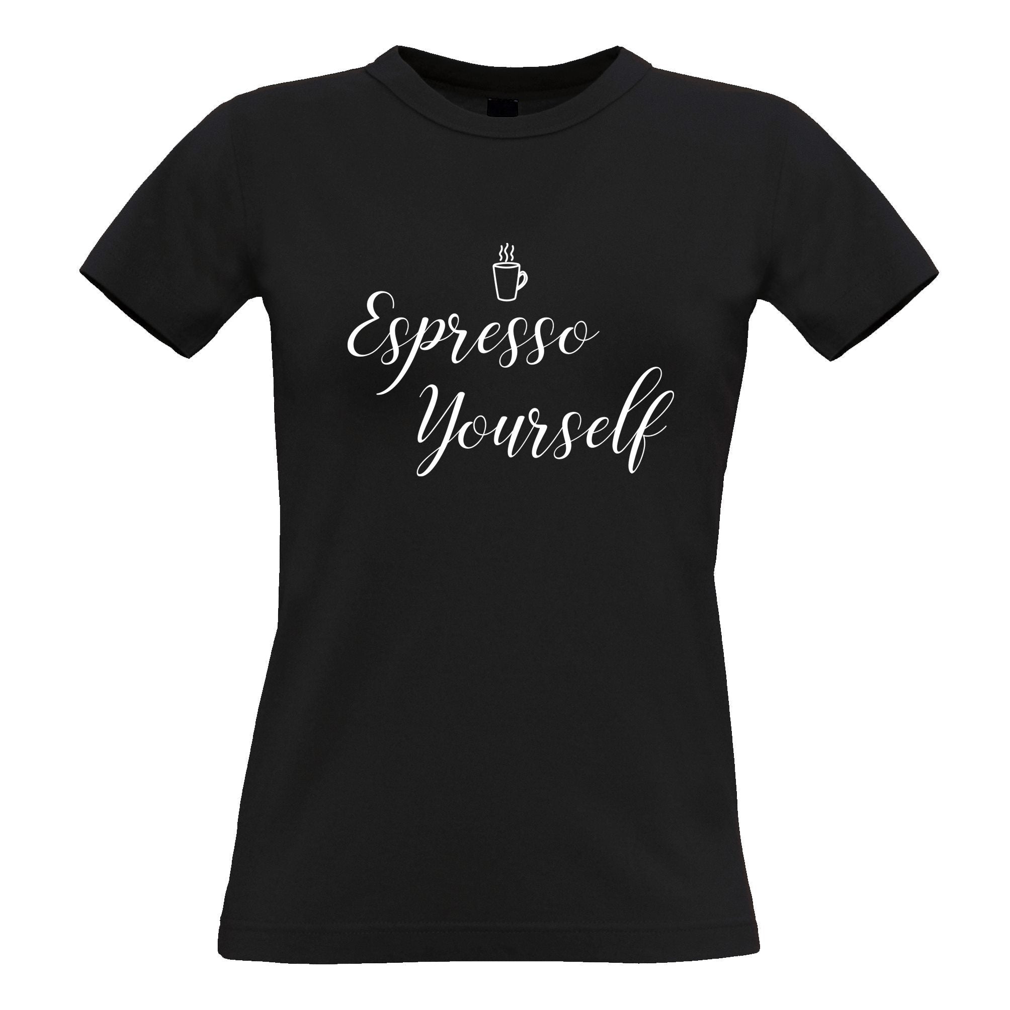 Novelty Coffee Slogan Womens T Shirt Expresso Yourself Logo